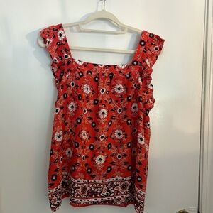 LOFT Bright Red Floral Blouse – Ruffled Sleeves, Square Neckline Women's Med.